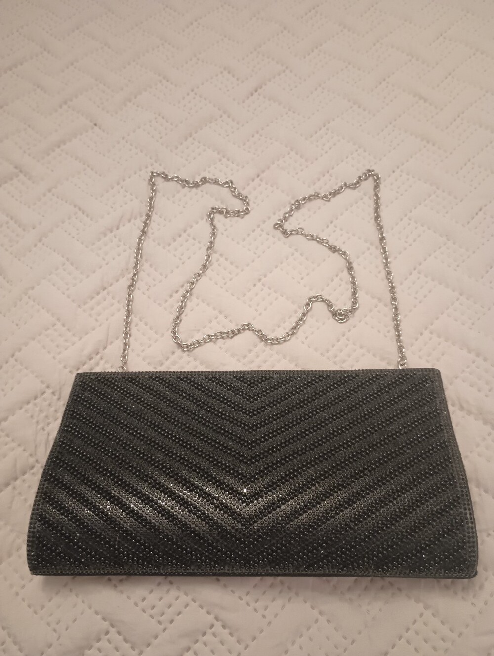 Jessica McClintock Black Sparkle Chevron Evening Clutch with Silver Chain